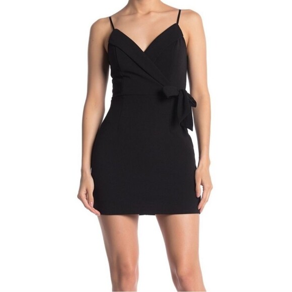 Row A Spaghetti Strap Faux Wrap Black Mini Dress Small Bow V Neck Cocktail - Picture 1 of 7